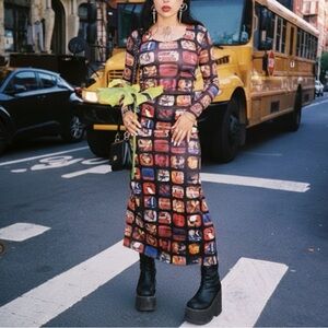 Vintage 90s Y2K Tripp NYC DAANG GOODMAN Anime Geisha Cartoon Maxi Dress Small